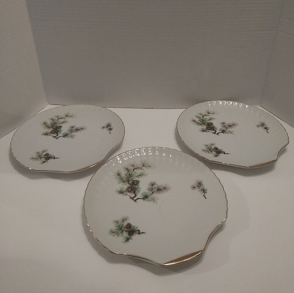 3 Japan Moss Snack Luncheon Plates with Tea Cups holder - Picture 1 of 12